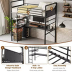 Lit mezzanine double avec bureau en L, lit mezzanine double en métal avec étagères de rangement, garde-corps de sécurité et échelle, aucun sommier tapissier requis