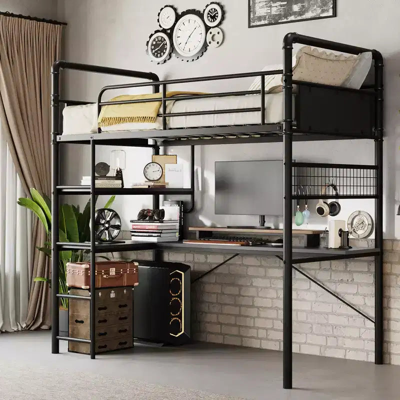 Lit mezzanine double avec bureau en L, lit mezzanine double en métal avec étagères de rangement, garde-corps de sécurité et échelle, aucun sommier tapissier requis