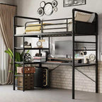 Lit mezzanine double avec bureau en L, lit mezzanine double en métal avec étagères de rangement, garde-corps de sécurité et échelle, aucun sommier tapissier requis