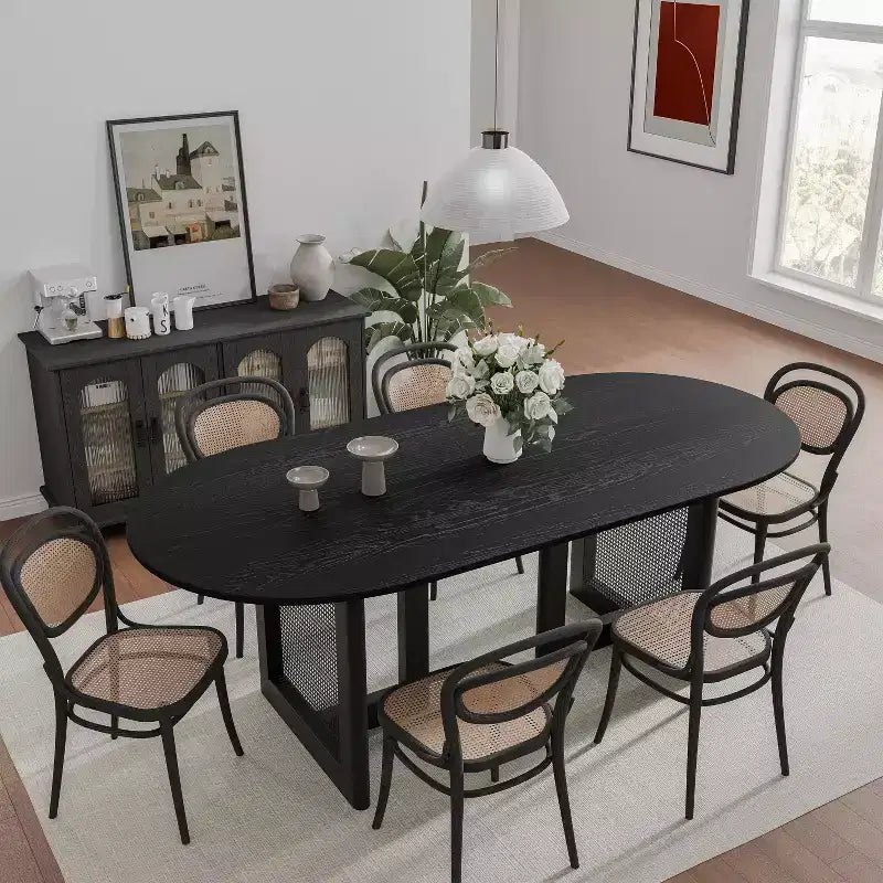 PexFix 67 x 33,5 Table de salle à manger de cuisine de ferme moderne, ovale noire avec pieds en rotin tressé pour cuisine, bar, salon