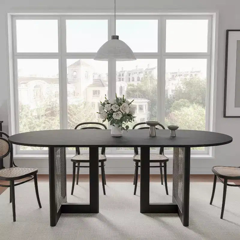 PexFix 67 x 33,5 Table de salle à manger de cuisine de ferme moderne, ovale noire avec pieds en rotin tressé pour cuisine, bar, salon