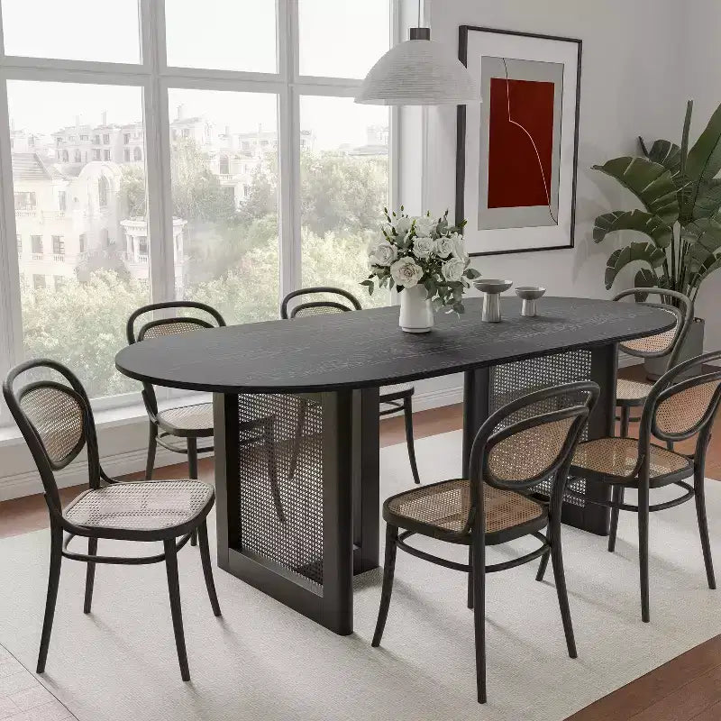PexFix 67 x 33,5 Table de salle à manger de cuisine de ferme moderne, ovale noire avec pieds en rotin tressé pour cuisine, bar, salon