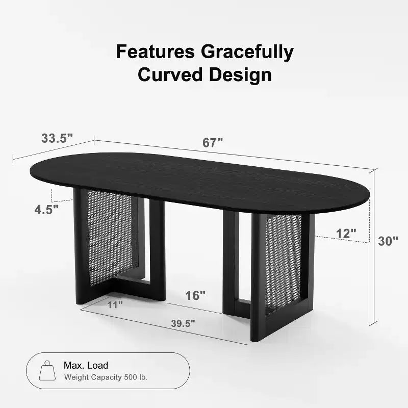 PexFix 67 x 33,5 Table de salle à manger de cuisine de ferme moderne, ovale noire avec pieds en rotin tressé pour cuisine, bar, salon