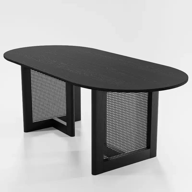 PexFix 67 x 33,5 Table de salle à manger de cuisine de ferme moderne, ovale noire avec pieds en rotin tressé pour cuisine, bar, salon