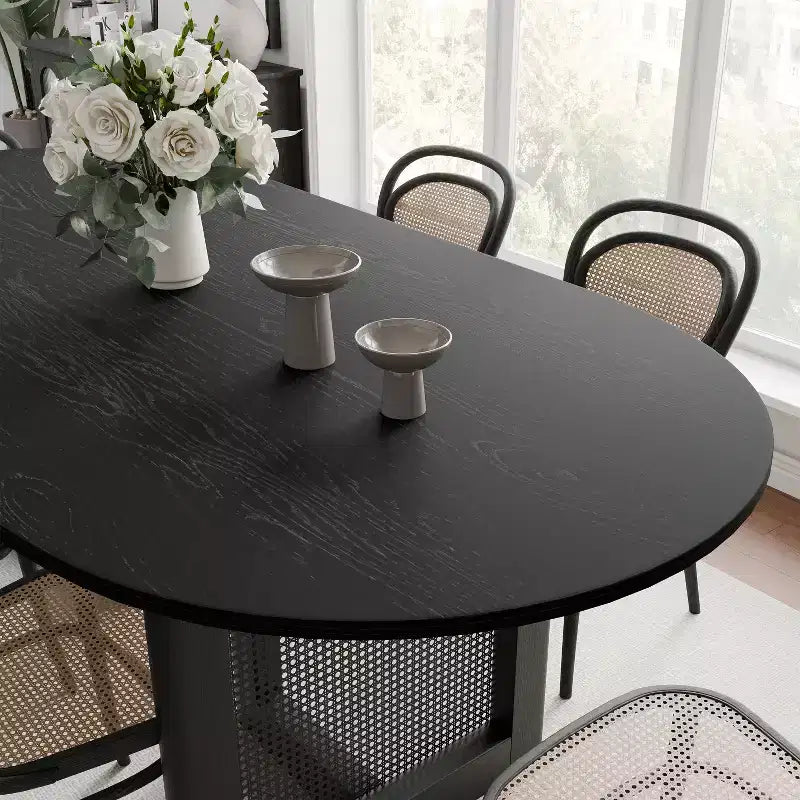 PexFix 67 x 33,5 Table de salle à manger de cuisine de ferme moderne, ovale noire avec pieds en rotin tressé pour cuisine, bar, salon