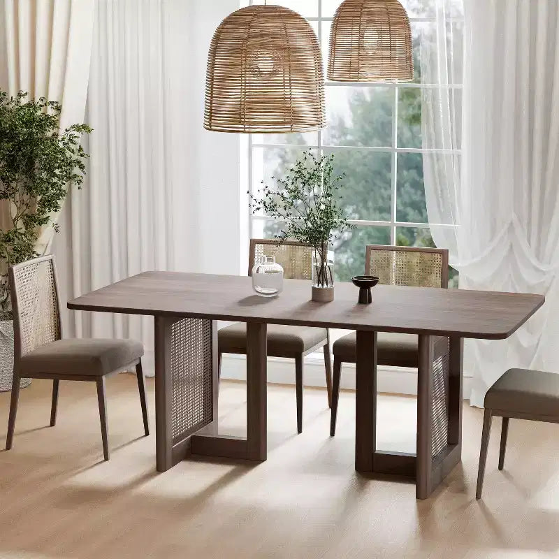 PexFix Table de salle à manger de cuisine rustique 67 x 33,5 pouces - Table de cuisine carrée en noyer avec pieds en rotin tressé pour cuisine, bar, salon