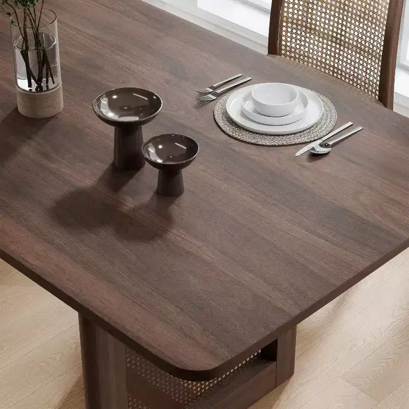 PexFix Table de salle à manger de cuisine rustique 67 x 33,5 pouces - Table de cuisine carrée en noyer avec pieds en rotin tressé pour cuisine, bar, salon