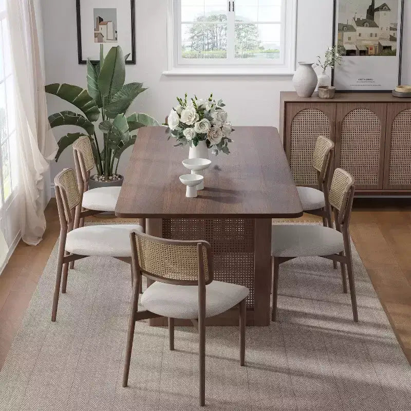 PexFix Table de salle à manger de cuisine rustique 67 x 33,5 pouces - Table de cuisine carrée en noyer avec pieds en rotin tressé pour cuisine, bar, salon