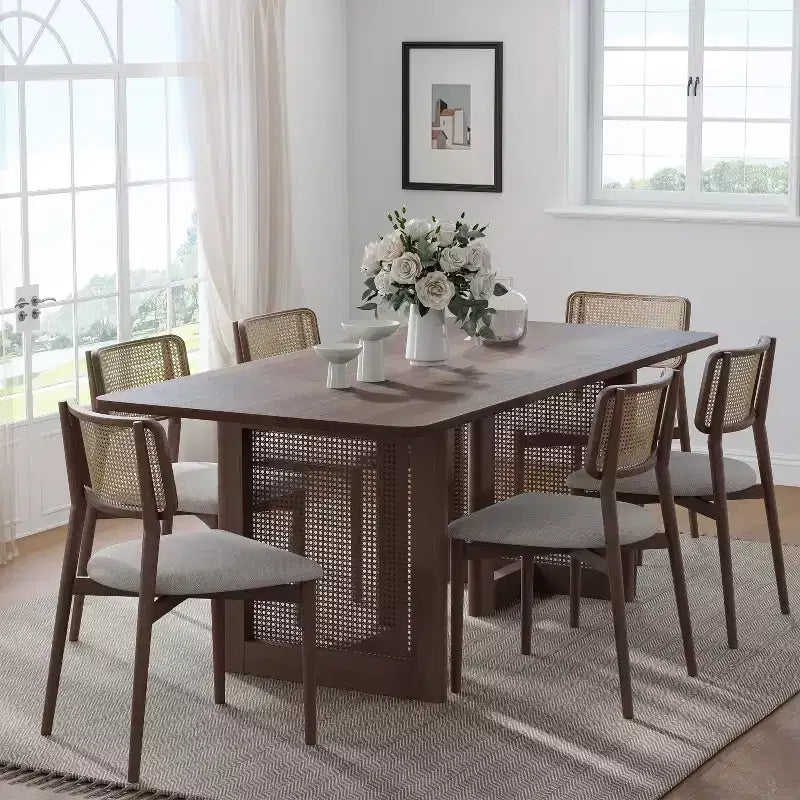 PexFix Table de salle à manger de cuisine rustique 67 x 33,5 pouces - Table de cuisine carrée en noyer avec pieds en rotin tressé pour cuisine, bar, salon
