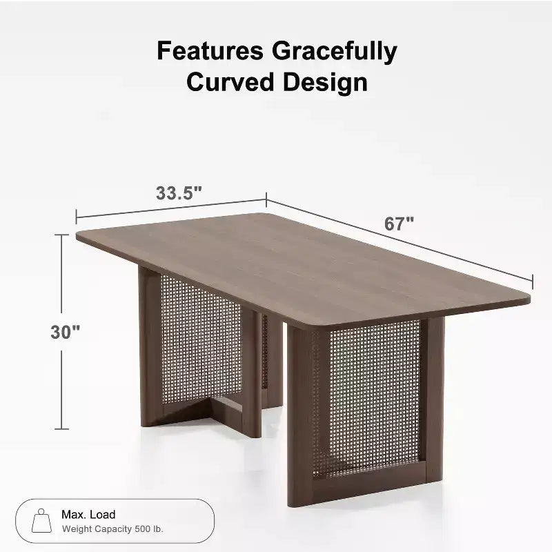 PexFix Table de salle à manger de cuisine rustique 67 x 33,5 pouces - Table de cuisine carrée en noyer avec pieds en rotin tressé pour cuisine, bar, salon