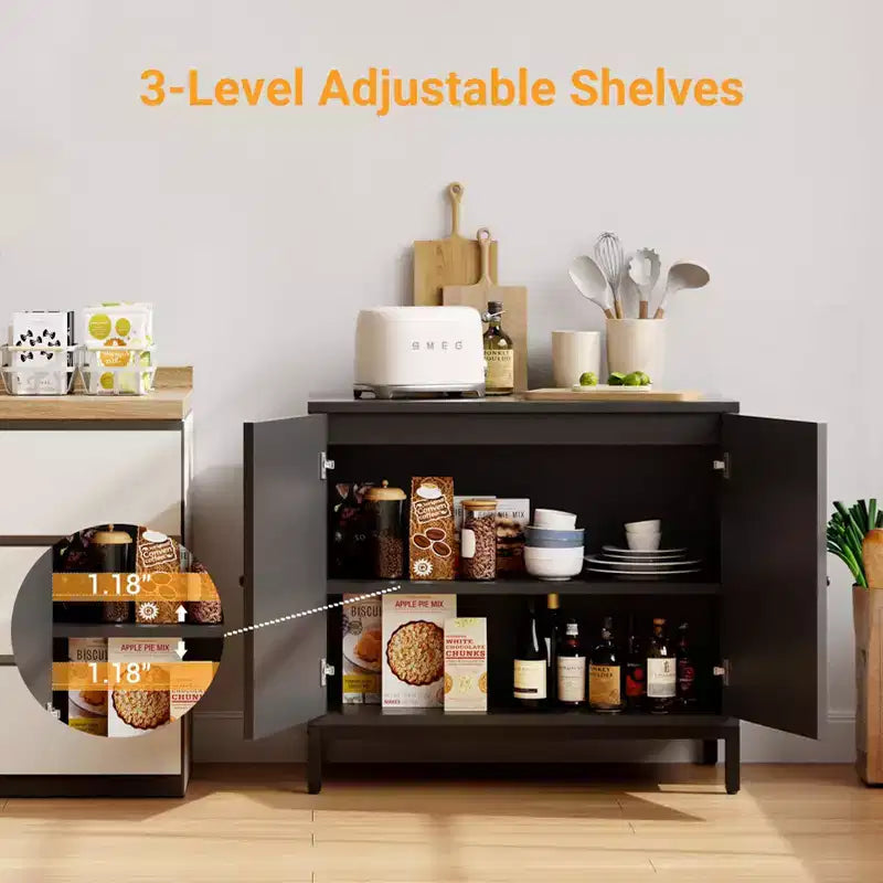 Buffet Bahut, Meuble de Rangement de Cuisine avec Portes Décorées en Rotin, Meuble d'Appoint Buffet Bar à Café