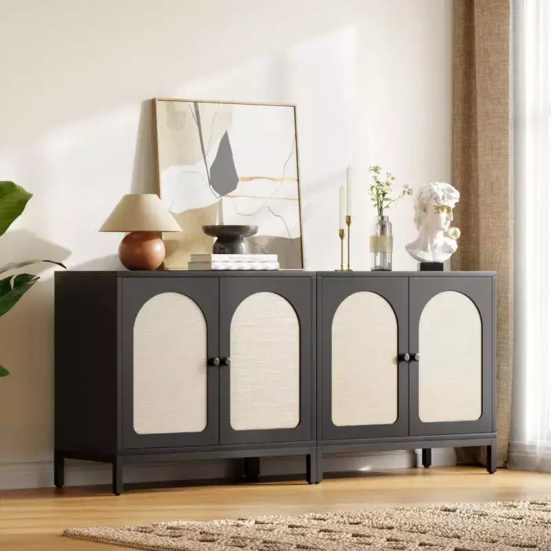 Buffet Bahut, Meuble de Rangement de Cuisine avec Portes Décorées en Rotin, Meuble d'Appoint Buffet Bar à Café