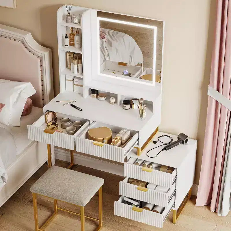 Coiffeuse de Maquillage avec Miroir et Lumières, Table de Maquillage avec 5 Tiroirs, Ensemble Coiffeuse avec Tabouret