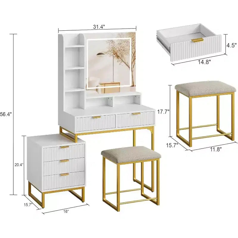 Coiffeuse de Maquillage avec Miroir et Lumières, Table de Maquillage avec 5 Tiroirs, Ensemble Coiffeuse avec Tabouret