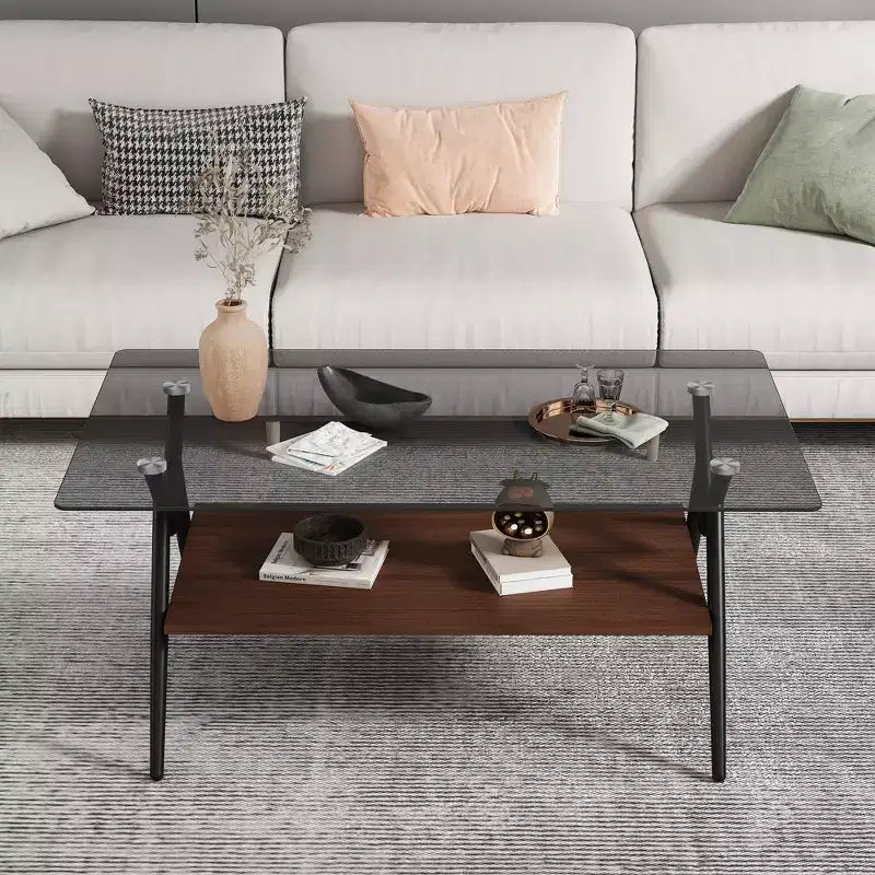 Table basse moderne avec plateau en verre trempé et étagère en bois