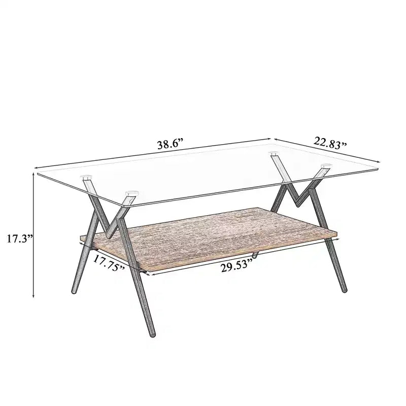 Table basse moderne avec plateau en verre trempé et étagère en bois