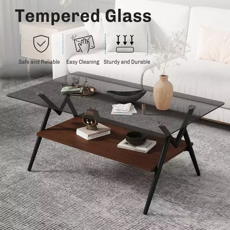 Table basse moderne avec plateau en verre trempé et étagère en bois