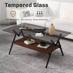 Table basse moderne avec plateau en verre trempé et étagère en bois