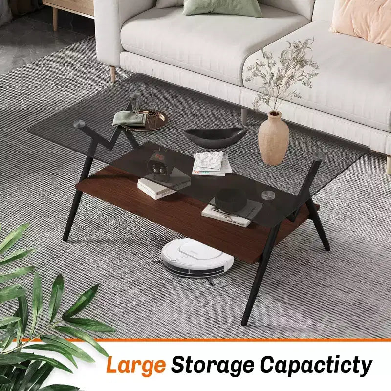 Table basse moderne avec plateau en verre trempé et étagère en bois