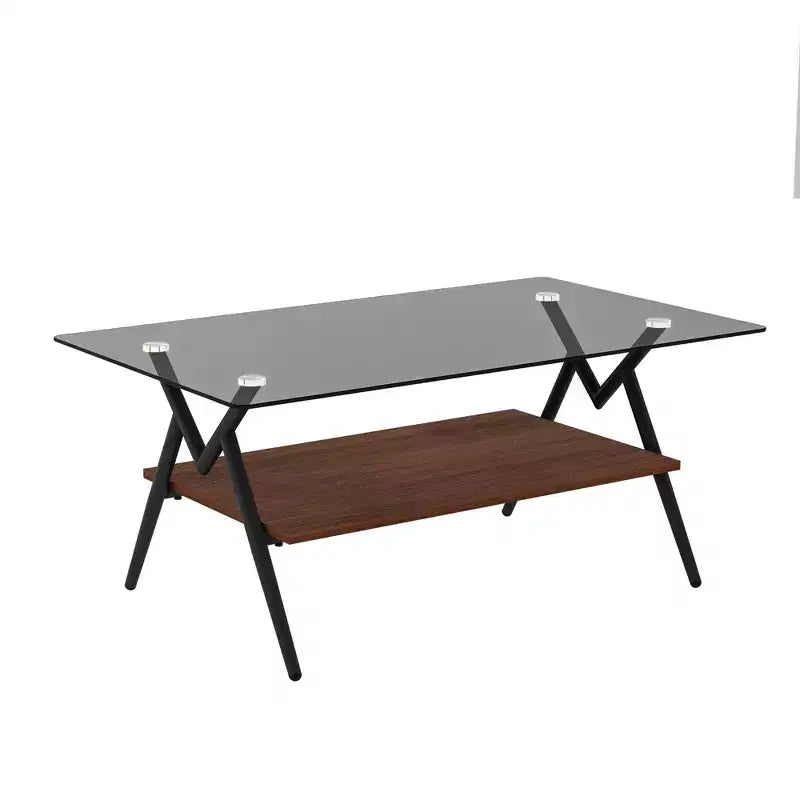Table basse moderne avec plateau en verre trempé et étagère en bois