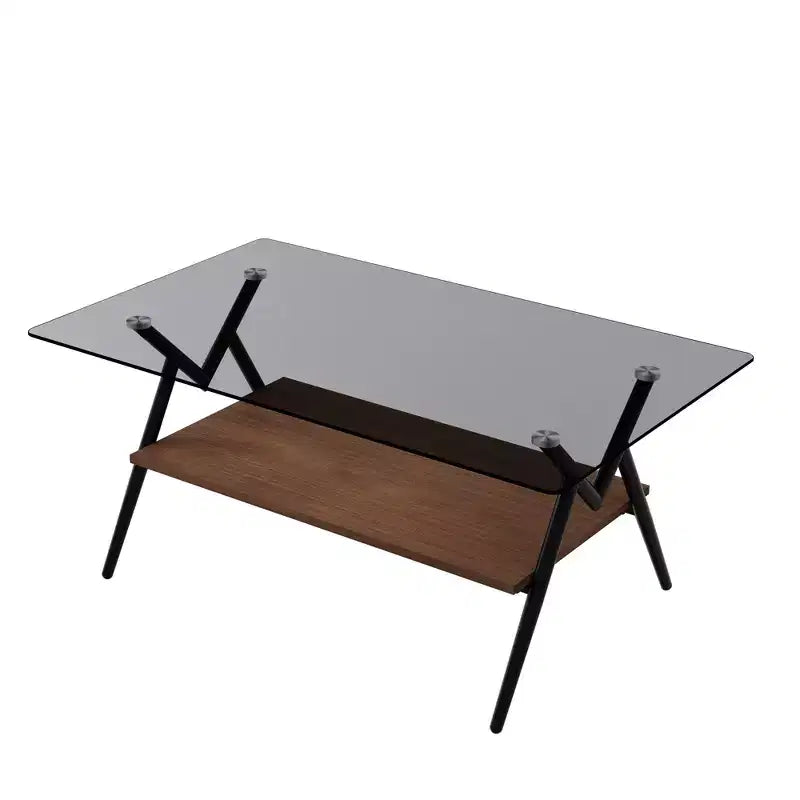 Table basse moderne avec plateau en verre trempé et étagère en bois