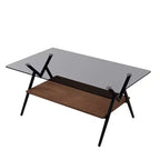 Table basse moderne avec plateau en verre trempé et étagère en bois