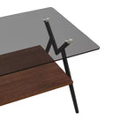 Table basse moderne avec plateau en verre trempé et étagère en bois