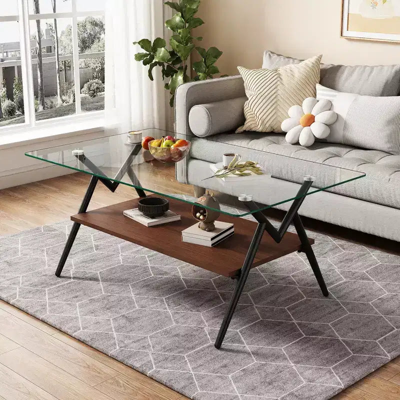 Table basse moderne avec plateau en verre trempé et étagère en bois