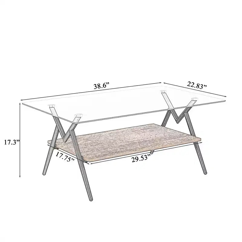 Table basse moderne avec plateau en verre trempé et étagère en bois