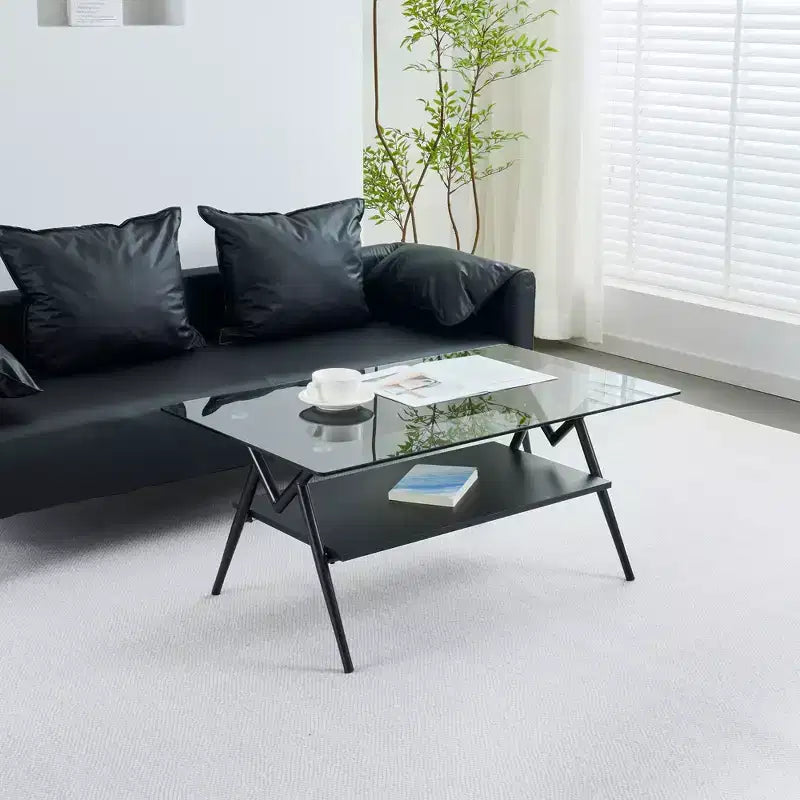 Table basse moderne avec plateau en verre trempé et étagère en bois