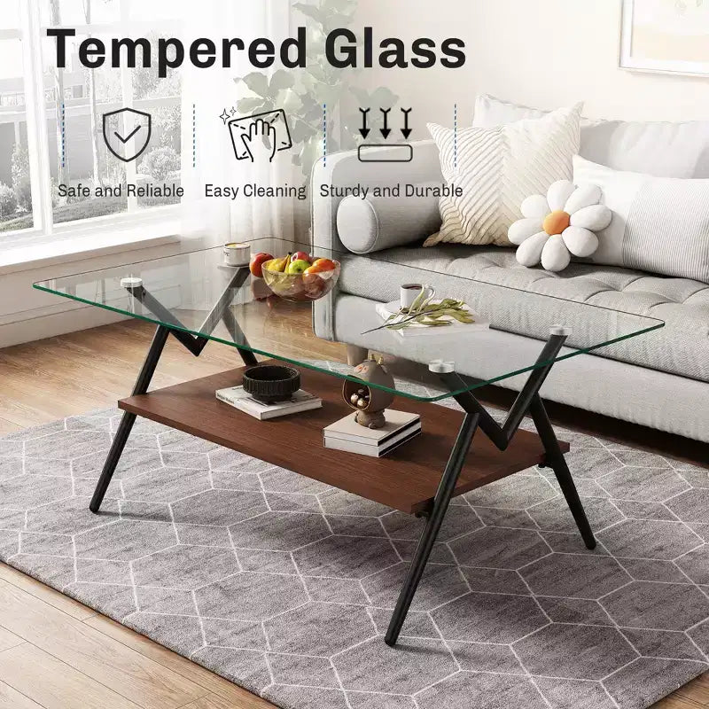 Table basse moderne avec plateau en verre trempé et étagère en bois