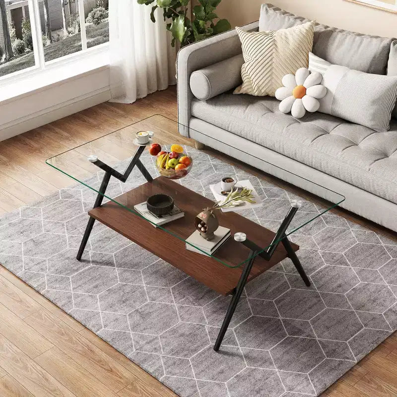 Table basse moderne avec plateau en verre trempé et étagère en bois