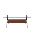 Table basse moderne avec plateau en verre trempé et étagère en bois