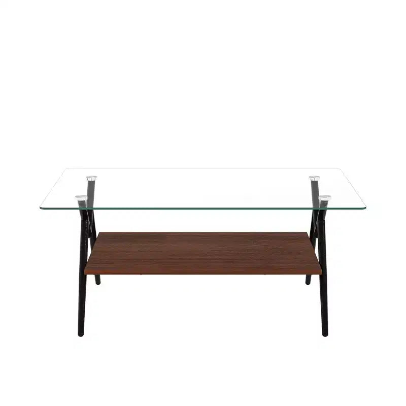 Table basse moderne avec plateau en verre trempé et étagère en bois