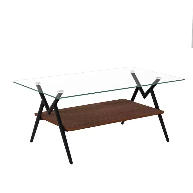 Table basse moderne avec plateau en verre trempé et étagère en bois