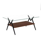 Table basse moderne avec plateau en verre trempé et étagère en bois