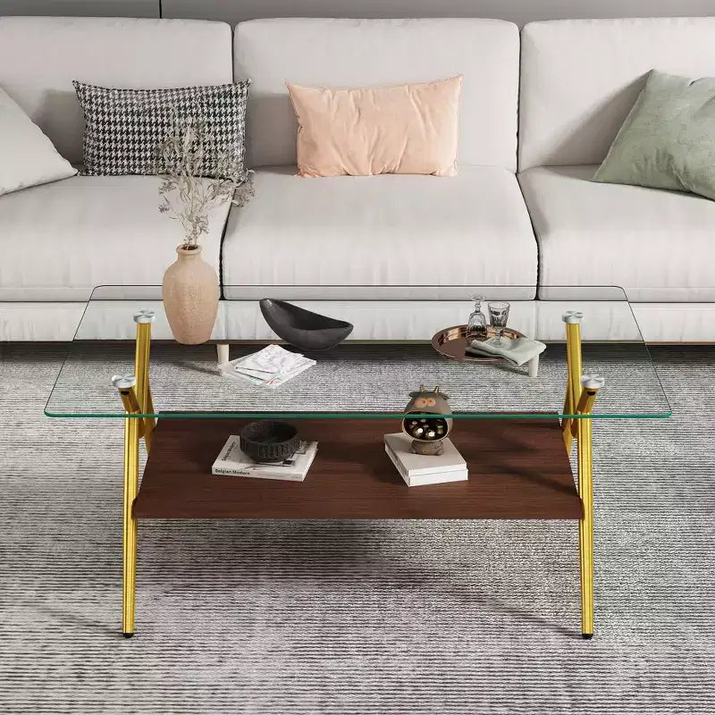 Table basse moderne avec plateau en verre trempé et étagère en bois