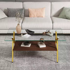 Table basse moderne avec plateau en verre trempé et étagère en bois
