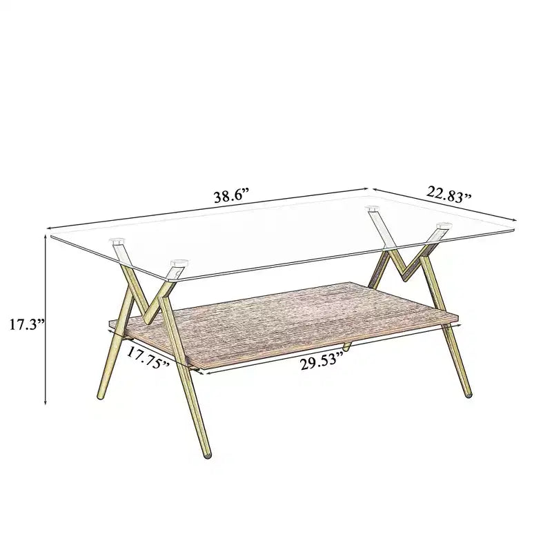 Table basse moderne avec plateau en verre trempé et étagère en bois