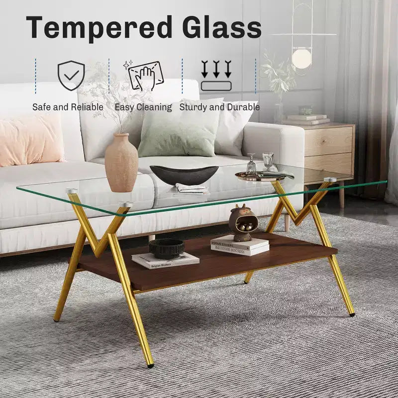 Table basse moderne avec plateau en verre trempé et étagère en bois