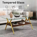 Table basse moderne avec plateau en verre trempé et étagère en bois
