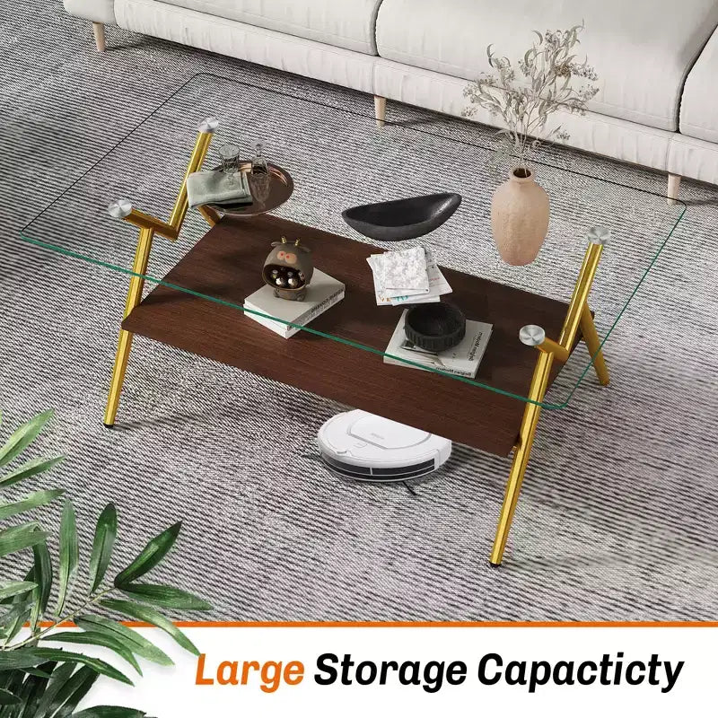 Table basse moderne avec plateau en verre trempé et étagère en bois