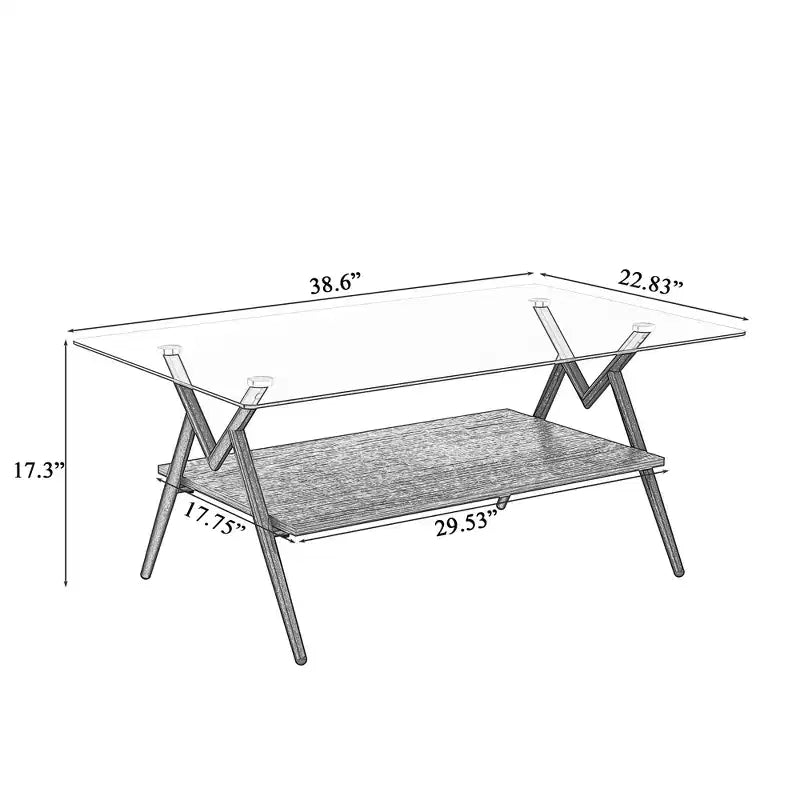 Table basse moderne avec plateau en verre trempé et étagère en bois