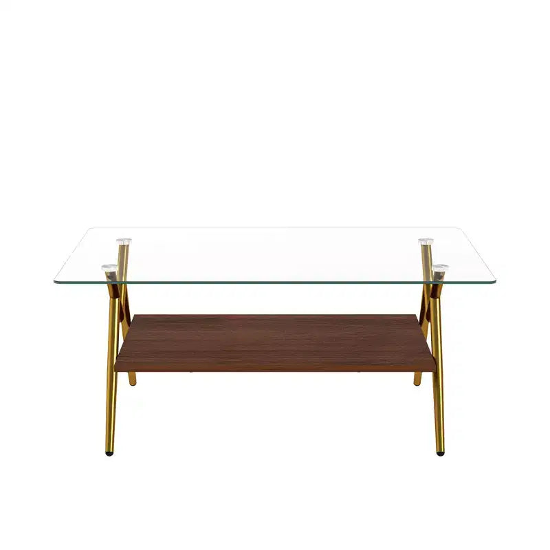 Table basse moderne avec plateau en verre trempé et étagère en bois