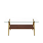 Table basse moderne avec plateau en verre trempé et étagère en bois