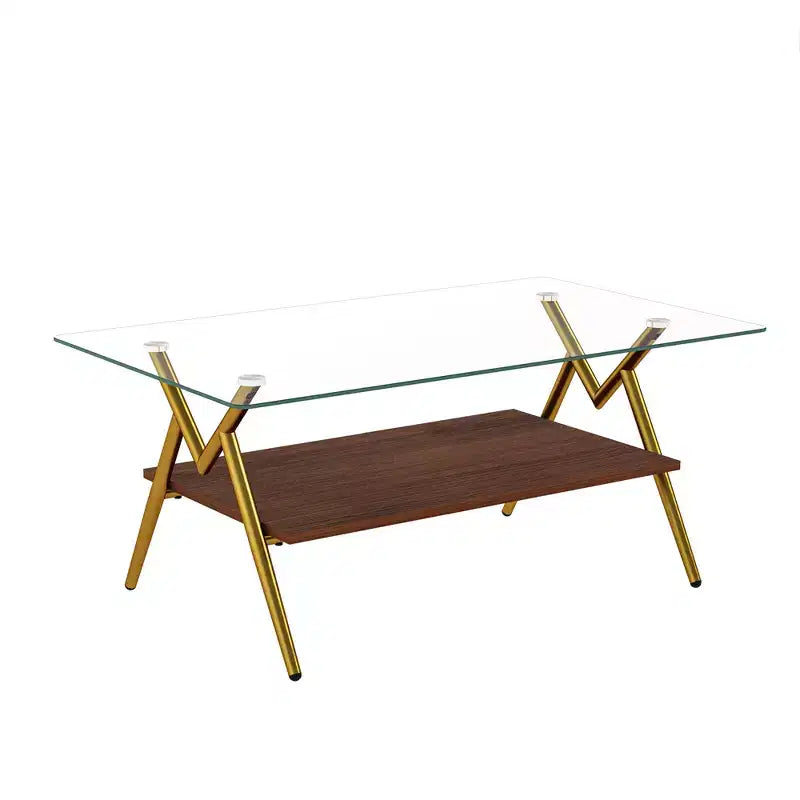 Table basse moderne avec plateau en verre trempé et étagère en bois