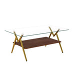 Table basse moderne avec plateau en verre trempé et étagère en bois