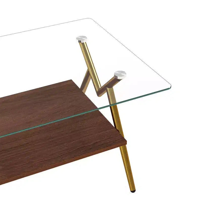 Table basse moderne avec plateau en verre trempé et étagère en bois