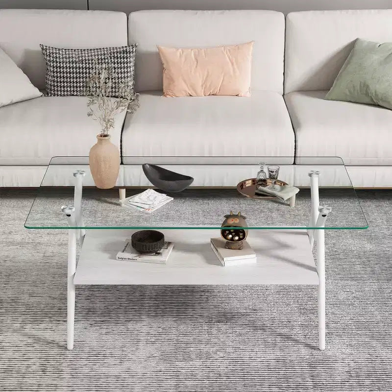 Table basse moderne avec plateau en verre trempé et étagère en bois