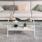 Table basse moderne avec plateau en verre trempé et étagère en bois
